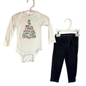 Gerber Christmas white bodysuit/Carter’s faux denim leggings size 18 months